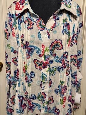 Woman Within White Paisley Button-Front Shirt with Multicolor Print